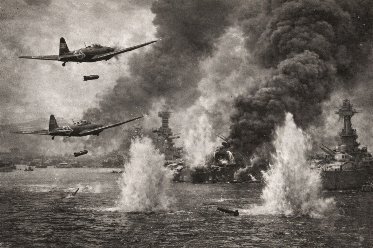 An explosion on a battleship, representing the attack on Pearl Harbor.